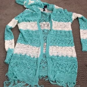 Blue and white cardigan with a hoodie